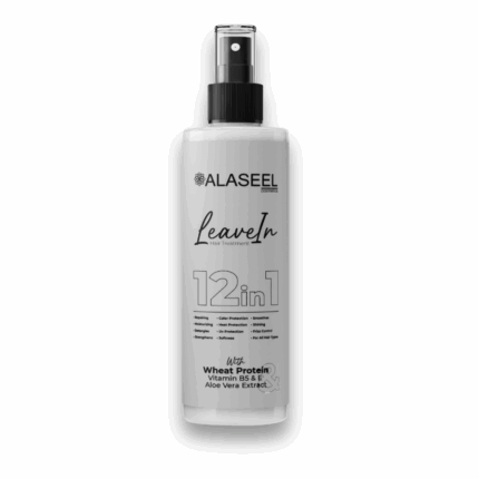 Leave in spray 200 ml L-Arginine Argan oil wheat protein Vitamin B5 Vitamin E Aloe vera extract Leave-in spray from alaseel works to moisturize and detangle hair and helps repair damaged and split ends. It is rich in vitamins and pure wheat protein, which rebuilds hair bonds to give it a healthy, soft and attractive look