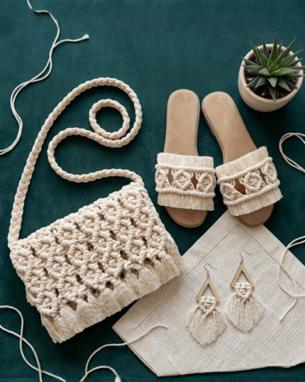 Handcrafted Macrame Summer Set – Boho-Chic Crossbody Bag, Comfortable Fringed Slides, and Geometric Wooden Earrings (3-Piece Artisanal Collection)