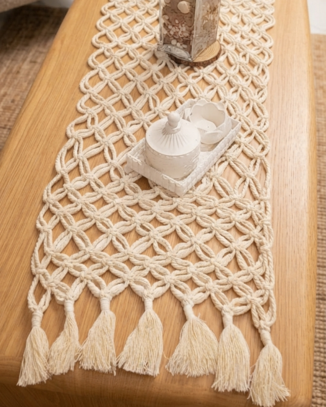 An elevated view of a handcrafted cream macrame table runner laid across a light wooden coffee table, displaying an open floral lattice pattern with plush tassel fringe under a decorative jar and small white bowls
