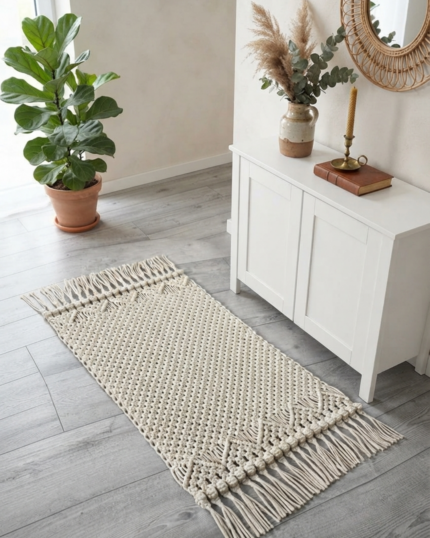 A high-angle view of a handcrafted cream macrame runner rug laid out on a light grey wood-paneled floor, styled next to a white wooden console table with pampas grass, displaying an intricate lattice hand-weave, 3D popcorn knots, and thick end fringes.