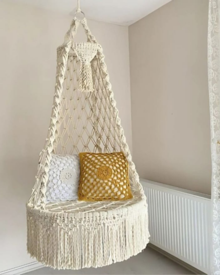 Sharqiyat Online, Macrame Baby Swing, Hanging Toddler Chair, Boho Nursery Decor, Wooden Infant Hammock, Handwoven Baby Cradle, Luxury Baby Gift, Photogenic Nursery Furniture, Premium Newborn Toy.