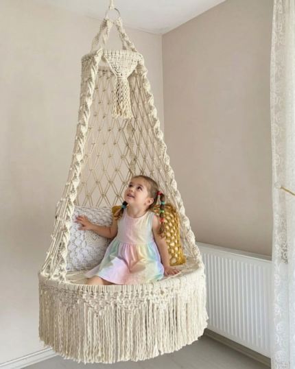 Sharqiyat Online, Macrame Baby Swing, Hanging Toddler Chair, Boho Nursery Decor, Wooden Infant Hammock, Handwoven Baby Cradle, Luxury Baby Gift, Photogenic Nursery Furniture, Premium Newborn Toy.