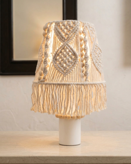 A side-angle view of an lit handcrafted bohemian macrame table lamp featuring a hand-knotted cream cotton shade with wooden bead trim, a fringe border, and a white cylindrical ceramic base, set on a stone countertop."
