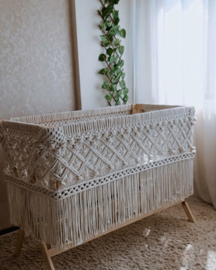 Handcrafted Macrame Baby Bassinet – Luxury Boho Infant Crib & Cradle with Solid Wood Frame and Sweeping Fringe Skirt