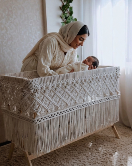 Handcrafted Macrame Baby Bassinet – Luxury Boho Infant Crib & Cradle with Solid Wood Frame and Sweeping Fringe Skirt