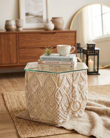 A frontal view of a handcrafted hexagonal macrame side table with an intricate cream cotton knit pattern, gold metal framing, a polished tempered glass top, and a decorative wooden ring ornament on a cozy rug.