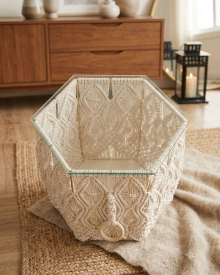 A frontal view of a handcrafted hexagonal macrame side table with an intricate cream cotton knit pattern, gold metal framing, a polished tempered glass top, and a decorative wooden ring ornament on a cozy rug.