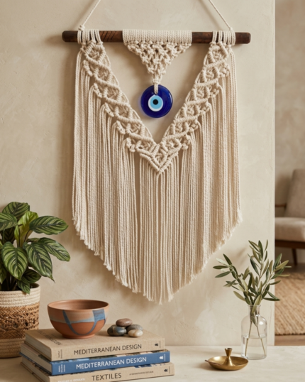A frontal view of a handcrafted cream macrame evil eye wall hanging suspended from a dark wooden dowel on a beige wall, featuring a central blue glass Nazar charm and detailed geometric V-shaped fringes."