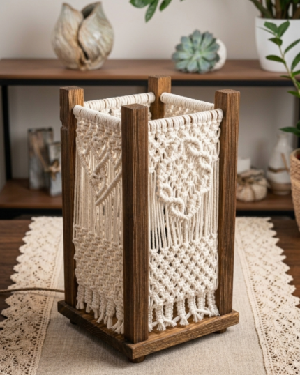 Sharqiyat Online, Macrame Table Lamp, Wooden Lantern Light, Rustic Boho Decor, Handcrafted Lamp, Dark Wood Table Lamp, Boho Ambient Lighting, Square Macrame Lantern, Cozy Bedroom Lamp, Earthy Home Decor.