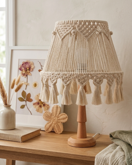 A frontal close-up view of a handcrafted conical cream macrame table lamp shade sitting on a wooden lamp base over a wooden table, featuring intricate crown knots, 3D berry accents, and dense hanging tassel fringes alongside framed pressed flowers.