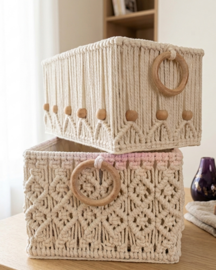Sharqiyat Online, Macrame Baskets, Storage Bins, Boho Home Organization, Wooden Ring Handles, Handwoven Organizers, Nursery Storage Baskets, Beaded Macrame Box, Cotton Rope Organizer, Aesthetic Shelf Storage.