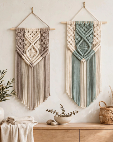 A frontal view of a set of two handcrafted dual-tone macrame wall hangings displayed side by side on a neutral wall over a wooden console, showing one taupe and cream tapestry on the left and one sage green and cream tapestry on the right
