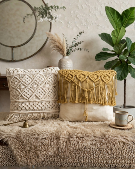 Handcrafted Macrame Cushion Covers Set – Boho Throw Pillow Covers with Cream Diamond Lattice & Mustard Yellow Fringe Accents (SKU: SO-MAC-017)