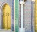 Golden brass palace door framed by blue and green Moroccan zellij mosaic tiles